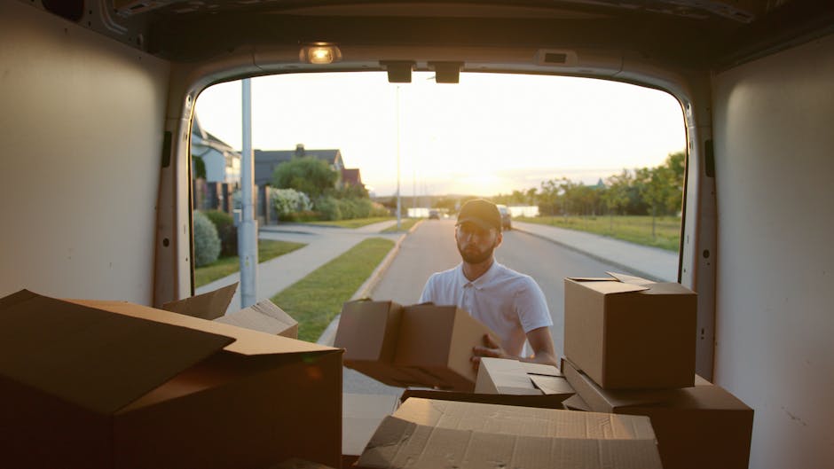 A man wearing a white shirt and cap is seen from inside a moving van, with the rear doors open, loading or unloading cardboard boxes. The boxes vary in size, some are closed with flaps, others are partially open, and they are stacked on the vehicle's floor and near the entrance. Outside, a quiet suburban street is visible, with houses, a lamppost, and greenery on a sunny day, suggesting a home relocation process involving packing and furniture transport. The warm sunlight illuminating the scene indicates late afternoon or early evening, supporting a smooth loading or unloading operation as part of house removals by Man and Van Sydenham, which offers professional moving services in the area.