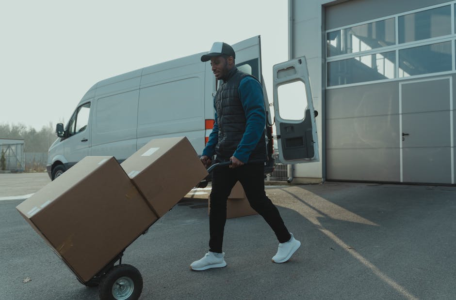 A man wearing a white shirt and cap is seen from inside a moving van, with the rear doors open, loading or unloading cardboard boxes. The boxes vary in size, some are closed with flaps, others are partially open, and they are stacked on the vehicle's floor and near the entrance. Outside, a quiet suburban street is visible, with houses, a lamppost, and greenery on a sunny day, suggesting a home relocation process involving packing and furniture transport. The warm sunlight illuminating the scene indicates late afternoon or early evening, supporting a smooth loading or unloading operation as part of house removals by Man and Van Sydenham, which offers professional moving services in the area.